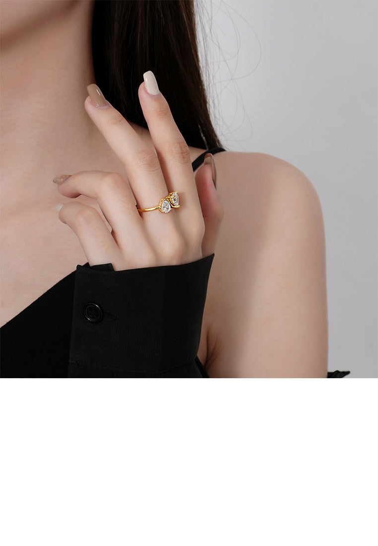 925 Sterling Silver Plated Gold Fashion Simple Heart Shape Geometric Adjustable Open Ring with Cubic Zirconia - Luxurious Look