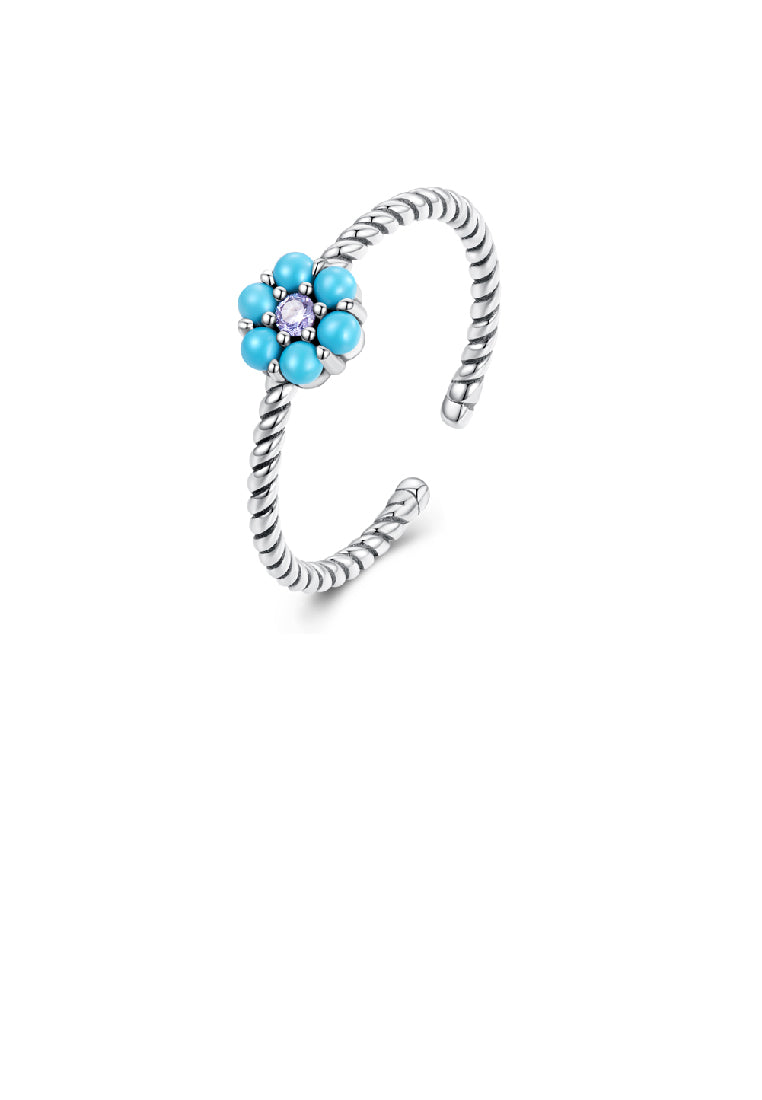 925 Sterling Silver Simple Fashion Flower Imitation Blue Turquoise Twist Geometric Adjustable Open Ring with Cubic Zirconia - Luxurious Look