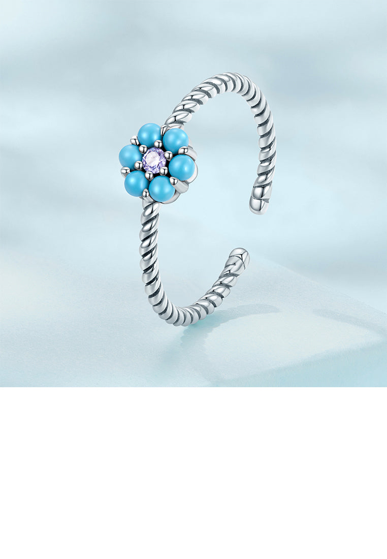 925 Sterling Silver Simple Fashion Flower Imitation Blue Turquoise Twist Geometric Adjustable Open Ring with Cubic Zirconia - Luxurious Look