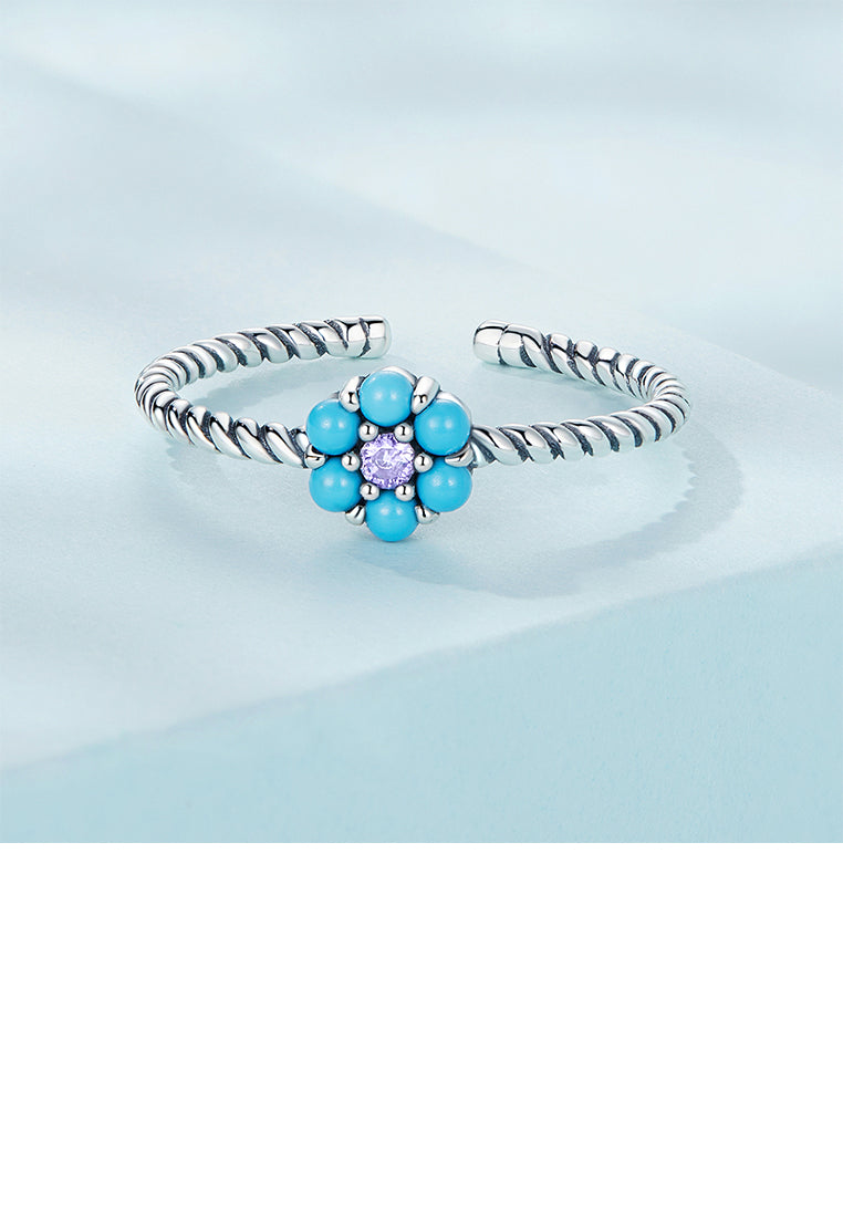 925 Sterling Silver Simple Fashion Flower Imitation Blue Turquoise Twist Geometric Adjustable Open Ring with Cubic Zirconia - Luxurious Look
