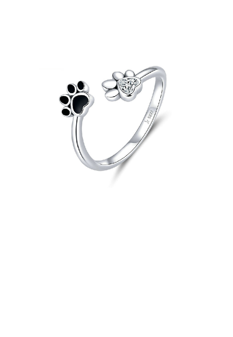 925 Sterling Silver Simple Cute Puppy Paw Print Geometric Adjustable Open Ring with Cubic Zirconia - Luxurious Look