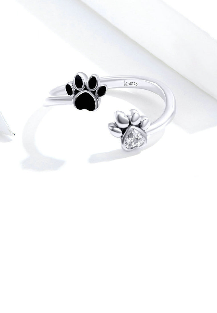 925 Sterling Silver Simple Cute Puppy Paw Print Geometric Adjustable Open Ring with Cubic Zirconia - Luxurious Look