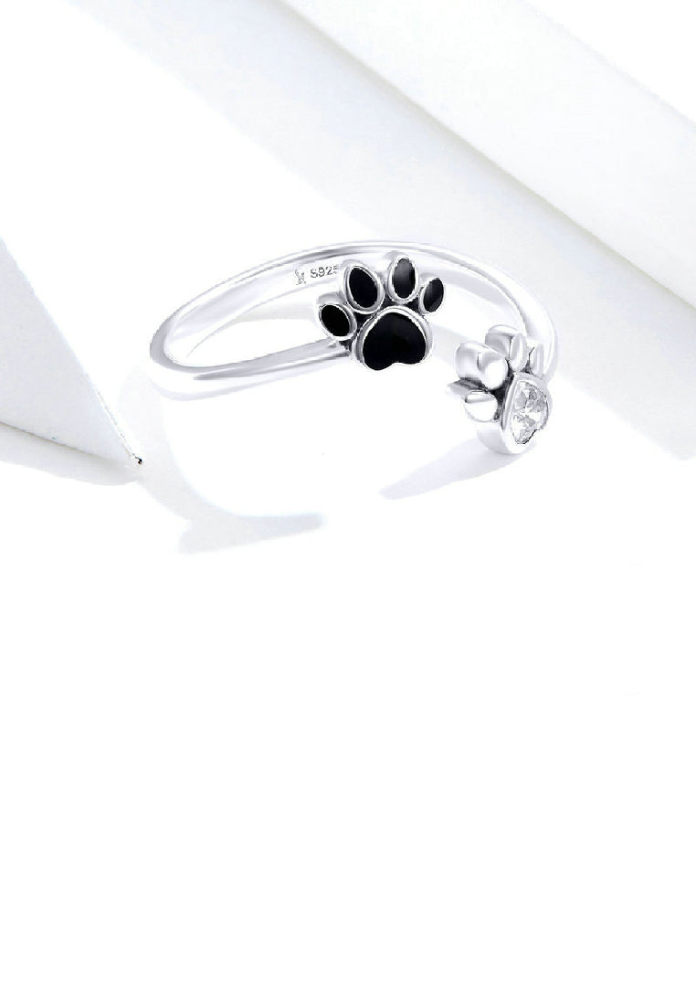 925 Sterling Silver Simple Cute Puppy Paw Print Geometric Adjustable Open Ring with Cubic Zirconia - Luxurious Look