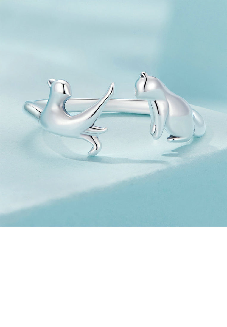925 Sterling Silver Simple Cute Cat Geometric Adjustable Open Ring