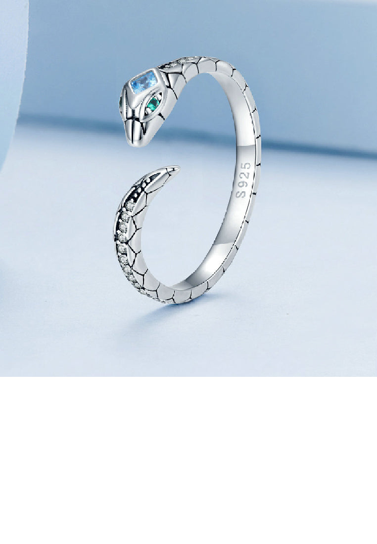 925 Sterling Silver Simple Personality Snake Geometric Adjustable Open Ring with Cubic Zirconia - Luxurious Look