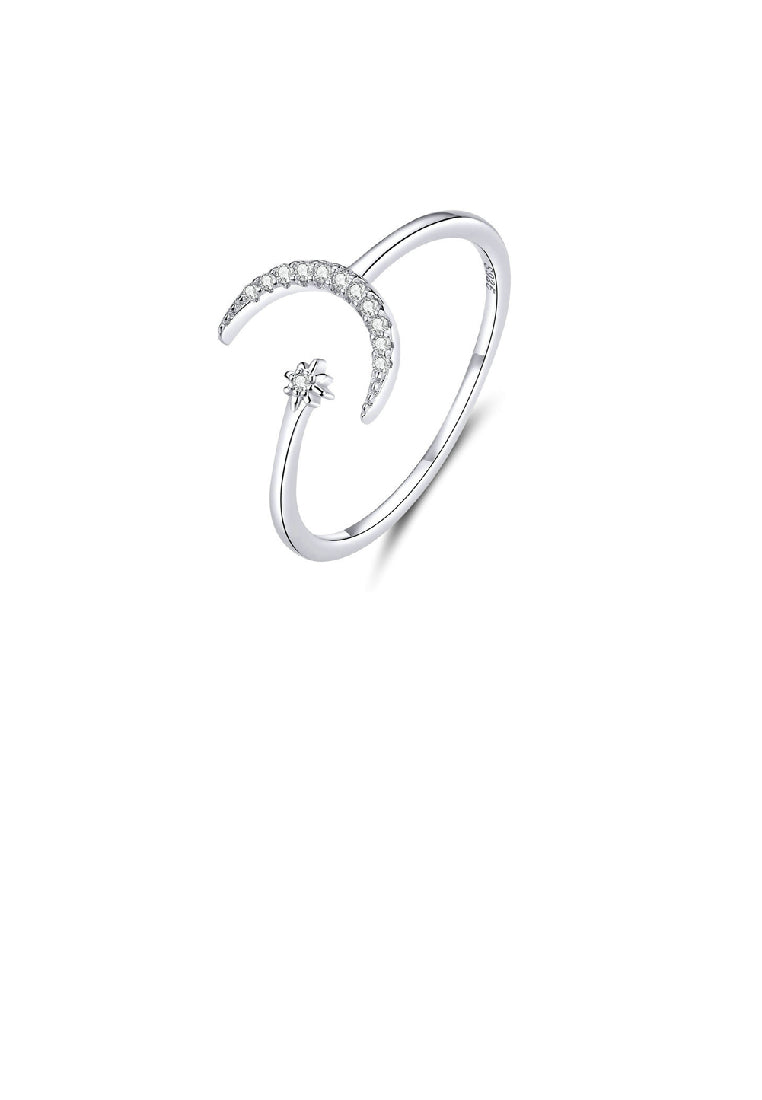 925 Sterling Silver Simple Fashion Moon Star Geometric Adjustable Open Ring with Cubic Zirconia - Luxurious Look