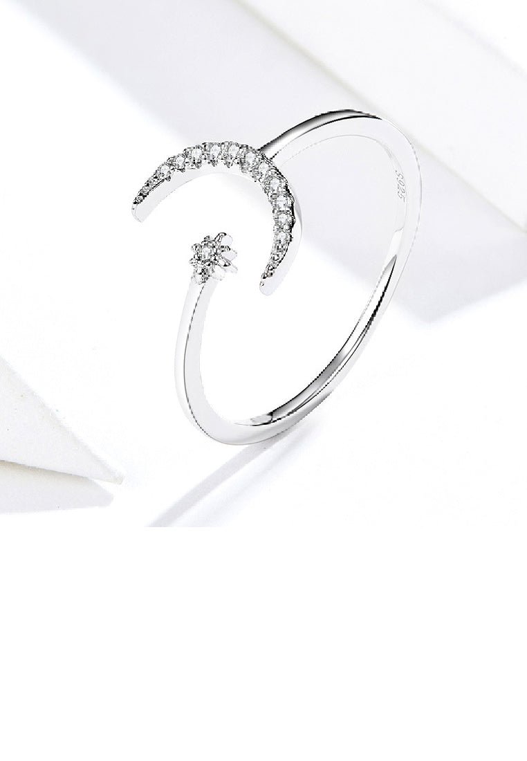 925 Sterling Silver Simple Fashion Moon Star Geometric Adjustable Open Ring with Cubic Zirconia - Luxurious Look