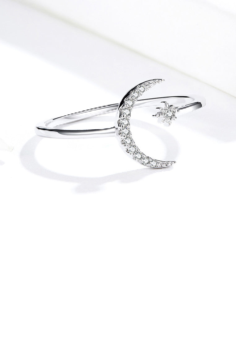 925 Sterling Silver Simple Fashion Moon Star Geometric Adjustable Open Ring with Cubic Zirconia - Luxurious Look