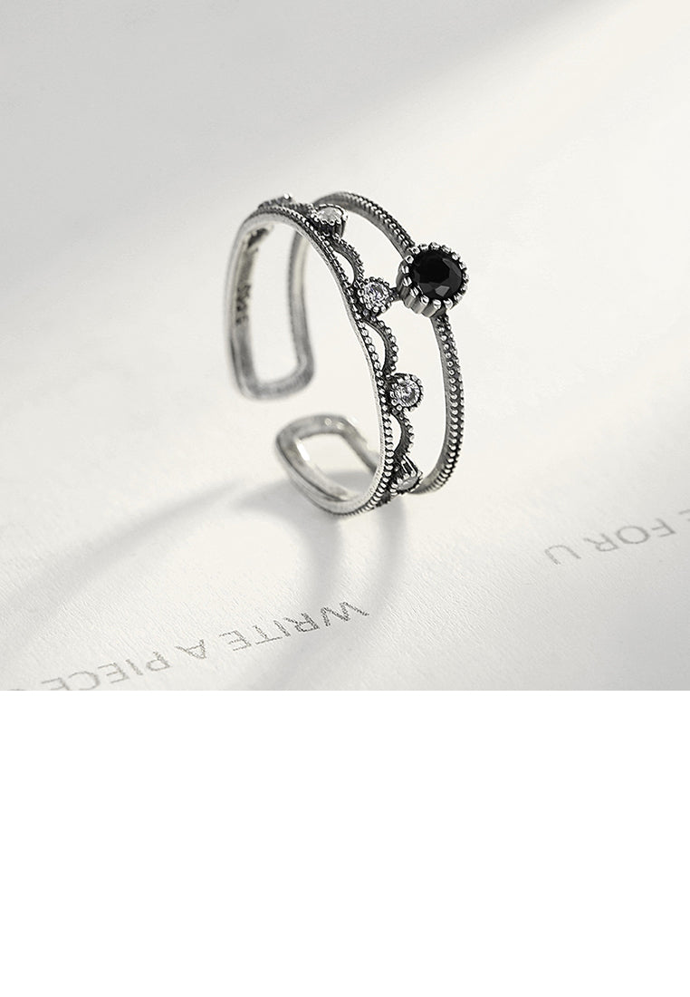925Sterling Silver Simple Fashion Black Cubic Zirconia Geometric Round Adjustable Open Ring - Luxurious Look