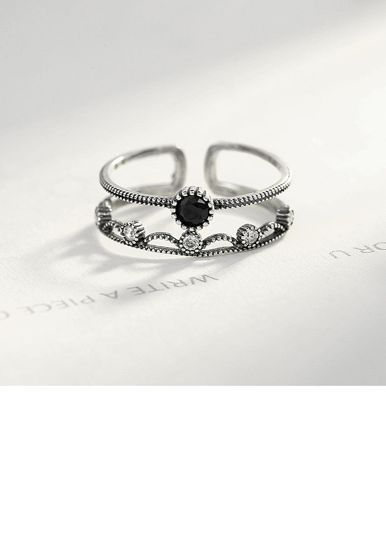 925Sterling Silver Simple Fashion Black Cubic Zirconia Geometric Round Adjustable Open Ring - Luxurious Look