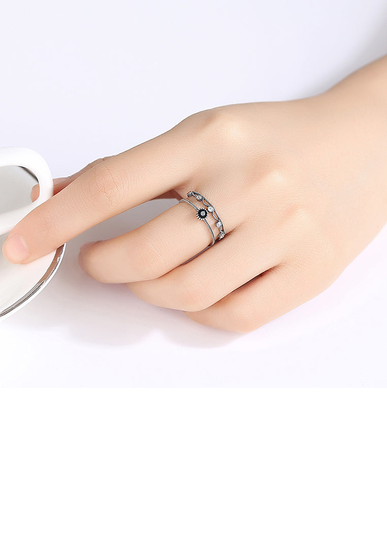 925Sterling Silver Simple Fashion Black Cubic Zirconia Geometric Round Adjustable Open Ring - Luxurious Look