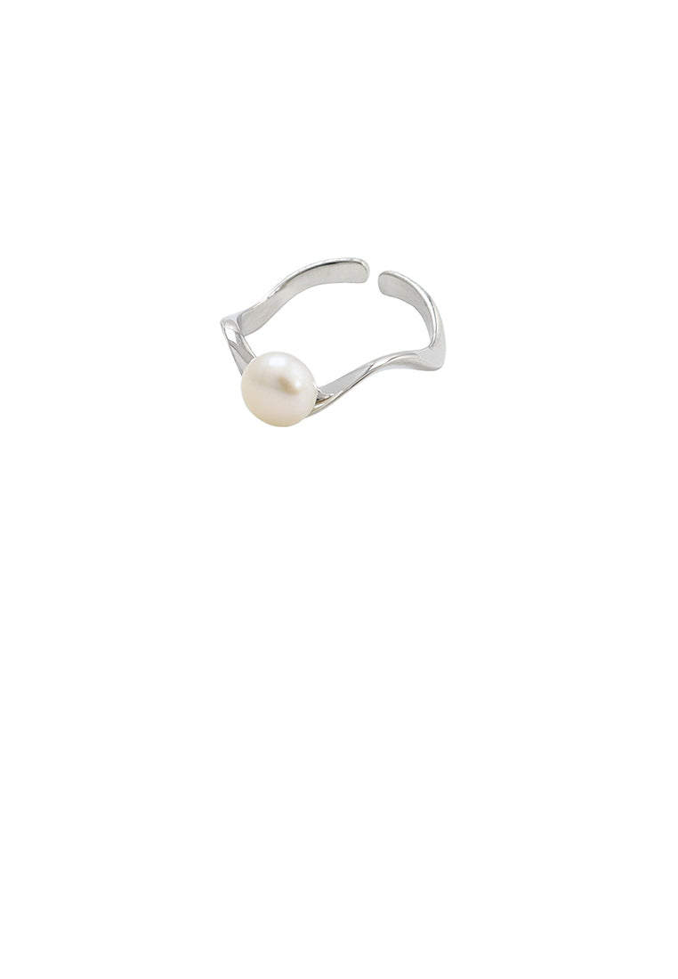925 Sterling Silver Simple Fashion Geometric White Freshwater Pearl Adjustable Opening Ring - Luxurious Look