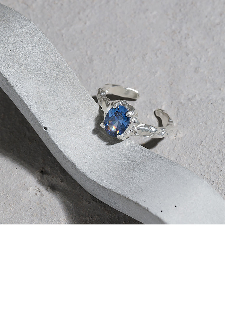 925 Sterling Silver Fashion Temperament Geometric Blue Cubic Zirconia Adjustable Open Ring - Luxurious Look