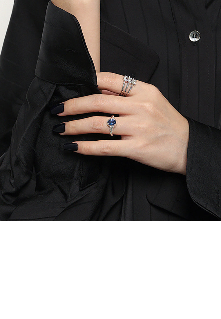 925 Sterling Silver Fashion Temperament Geometric Blue Cubic Zirconia Adjustable Open Ring - Luxurious Look