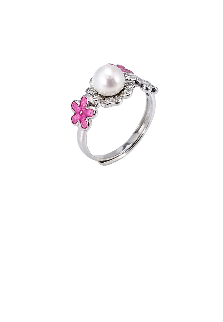 925 Sterling Silver Fashion Elegant Flower Freshwater Pearl Adjustable Ring - Luxurious Look