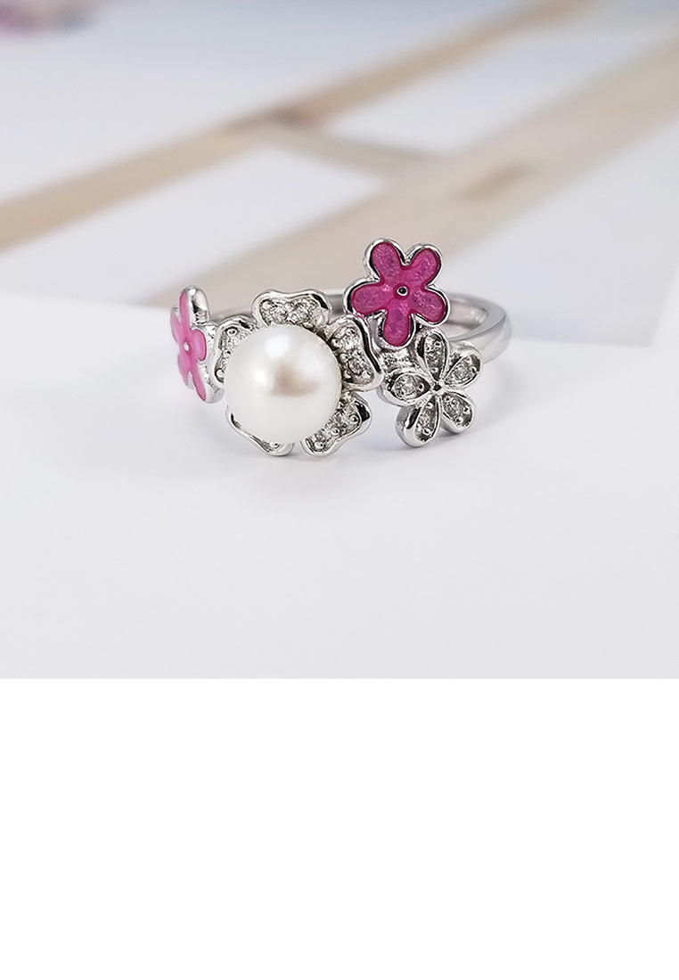 925 Sterling Silver Fashion Elegant Flower Freshwater Pearl Adjustable Ring - Luxurious Look