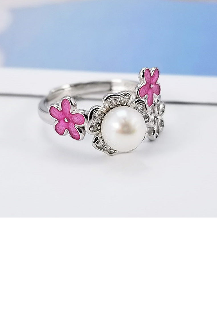 925 Sterling Silver Fashion Elegant Flower Freshwater Pearl Adjustable Ring - Luxurious Look