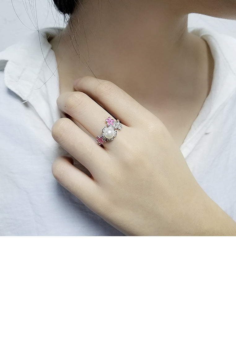 925 Sterling Silver Fashion Elegant Flower Freshwater Pearl Adjustable Ring - Luxurious Look