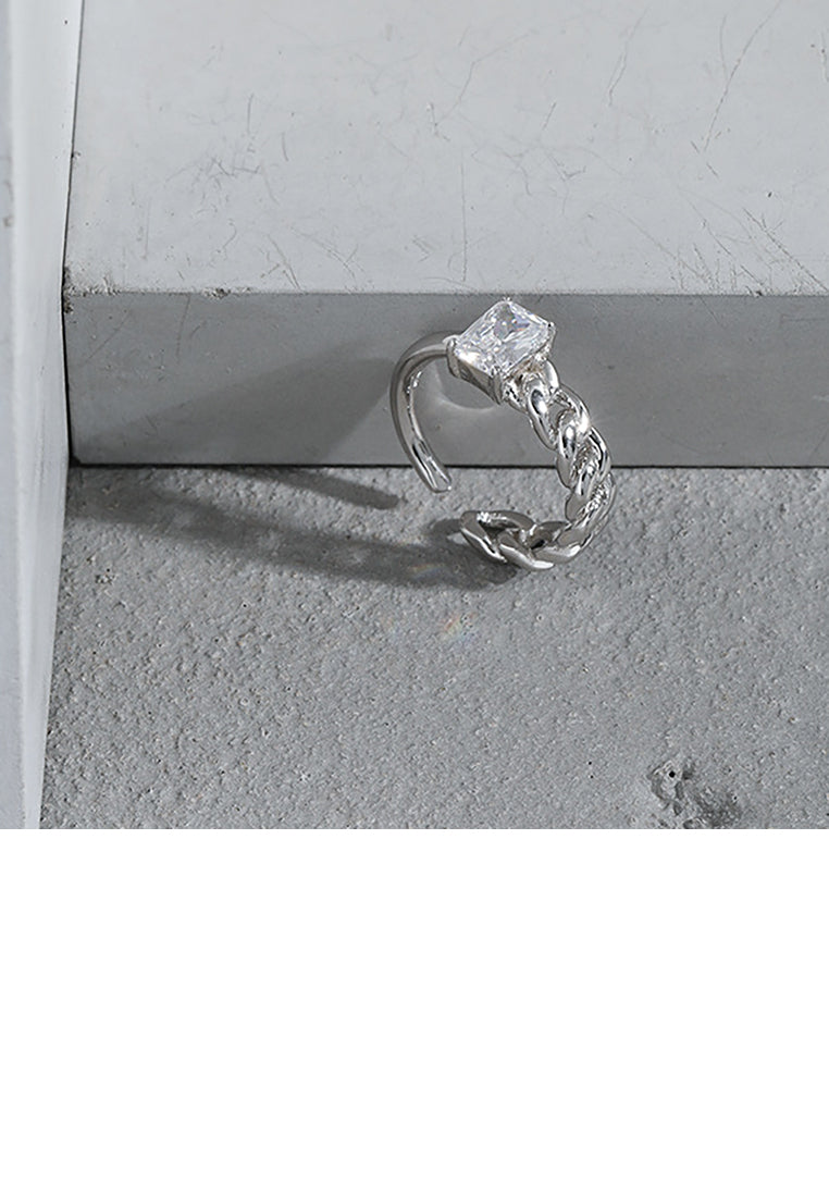 925 Sterling Silver Simple Fashion White Cubic Zirconia Geometric Asymmetric Chain Adjustable Opening Ring - Luxurious Look
