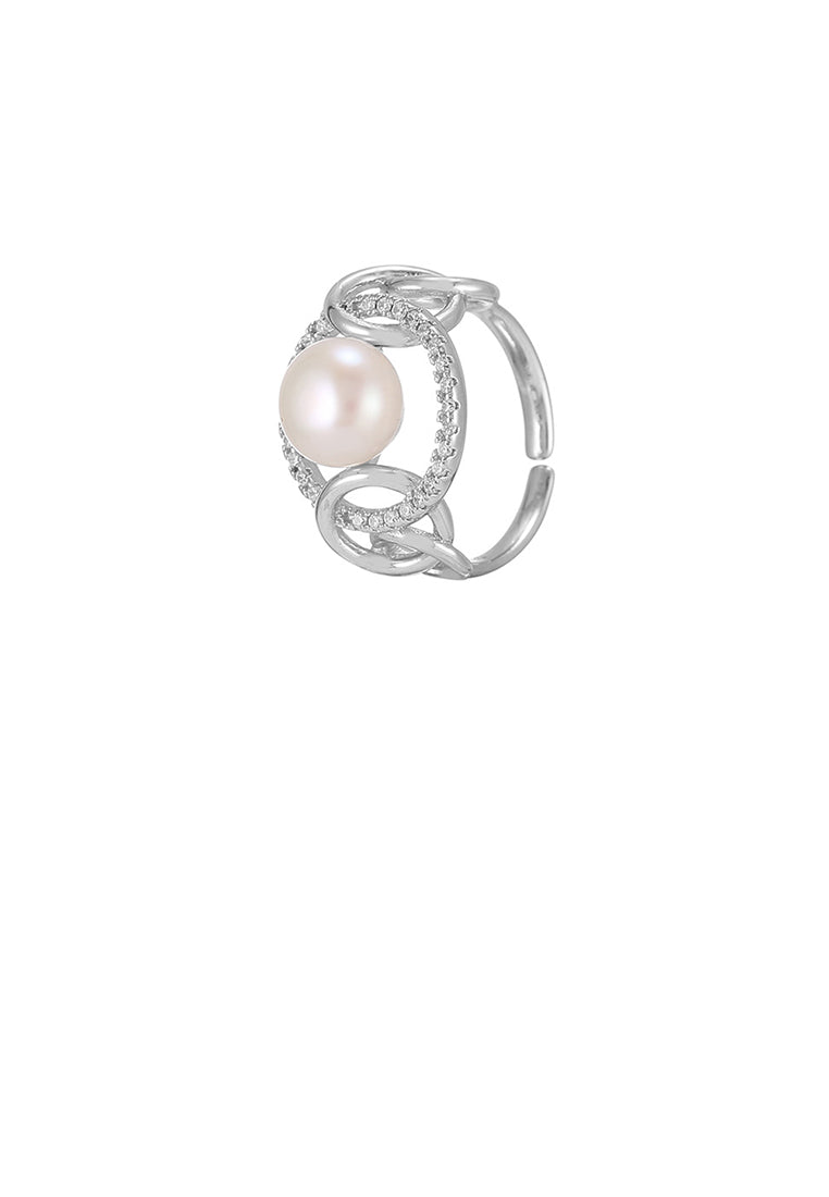 925 Sterling Silver Fashion Elegant Geometric Round Freshwater Pearl Adjustable Open Ring with Cubic Zirconia - Luxurious Look