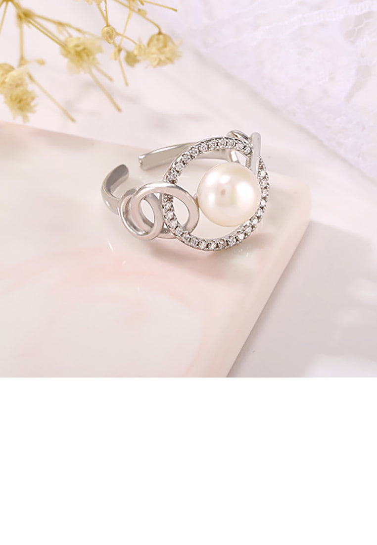 925 Sterling Silver Fashion Elegant Geometric Round Freshwater Pearl Adjustable Open Ring with Cubic Zirconia - Luxurious Look