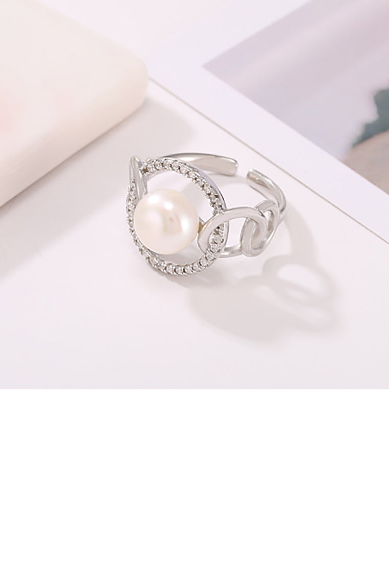 925 Sterling Silver Fashion Elegant Geometric Round Freshwater Pearl Adjustable Open Ring with Cubic Zirconia - Luxurious Look