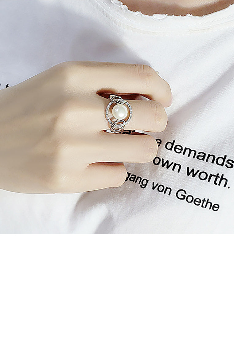 925 Sterling Silver Fashion Elegant Geometric Round Freshwater Pearl Adjustable Open Ring with Cubic Zirconia - Luxurious Look