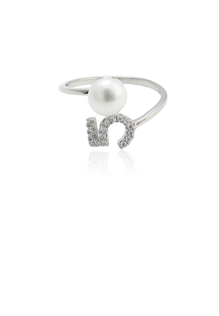 925 Sterling Silver Simple Personality Number 5 Freshwater Pearl Adjustable Opening Ring with Cubic Zirconia - Luxurious Look