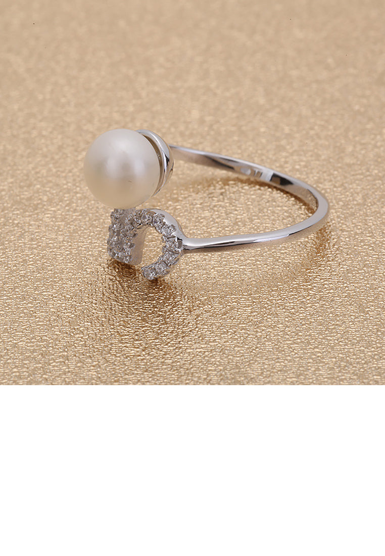 925 Sterling Silver Simple Personality Number 5 Freshwater Pearl Adjustable Opening Ring with Cubic Zirconia - Luxurious Look