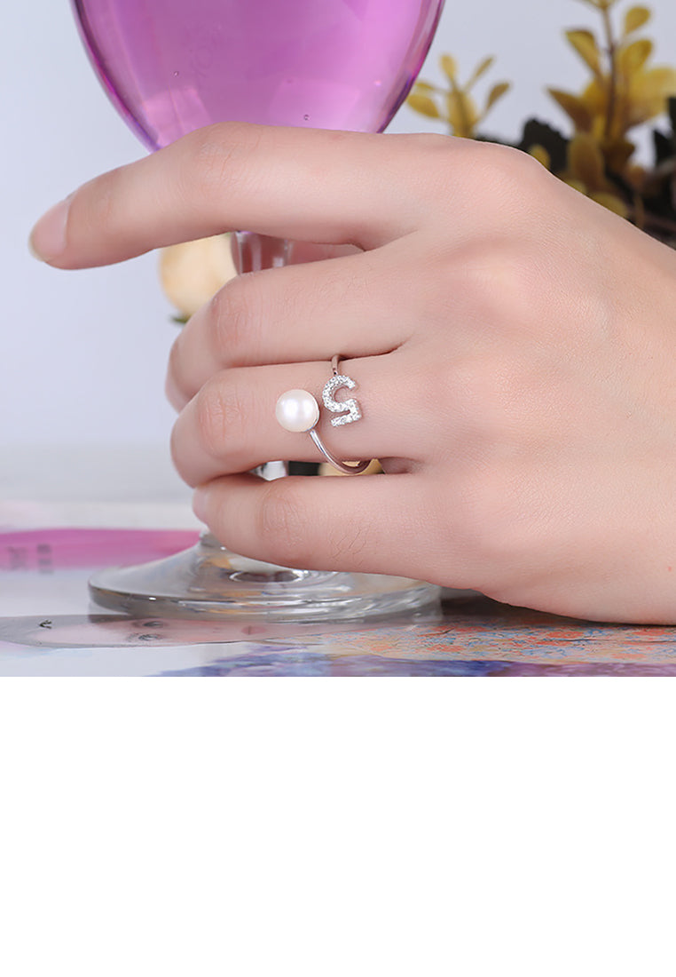 925 Sterling Silver Simple Personality Number 5 Freshwater Pearl Adjustable Opening Ring with Cubic Zirconia - Luxurious Look