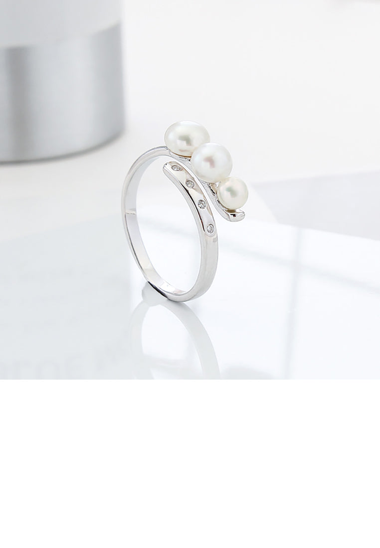 925 Sterling Silver Fashion Simple Geometric Freshwater Pearl Adjustable Open Ring - Luxurious Look