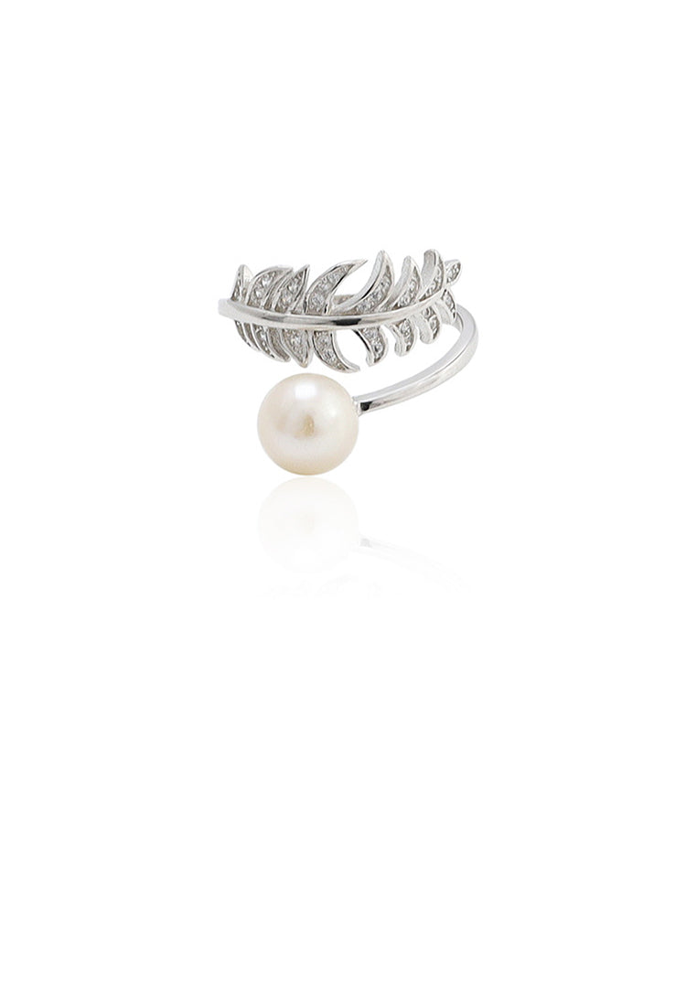 925 Sterling Silver Fashion Simple Leaf White Freshwater Pearl Adjustable Ring with Cubic Zirconia - Luxurious Look