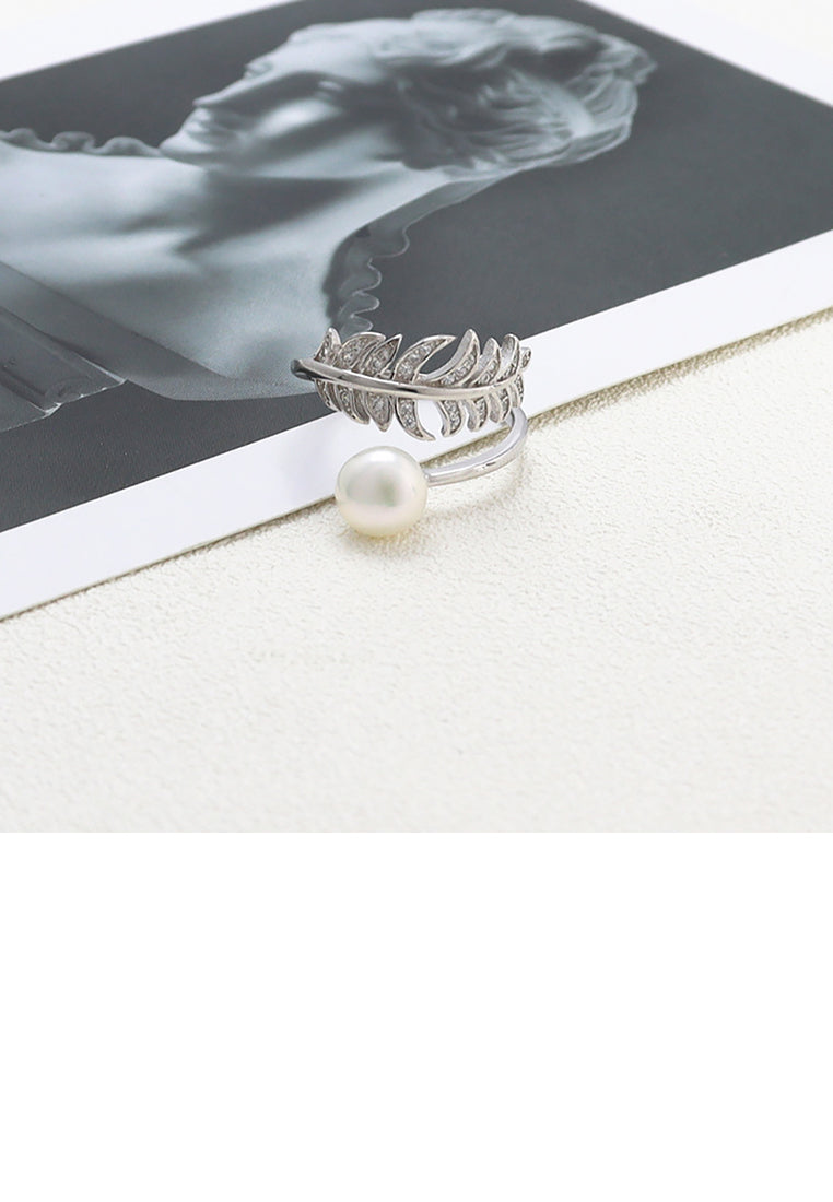 925 Sterling Silver Fashion Simple Leaf White Freshwater Pearl Adjustable Ring with Cubic Zirconia - Luxurious Look