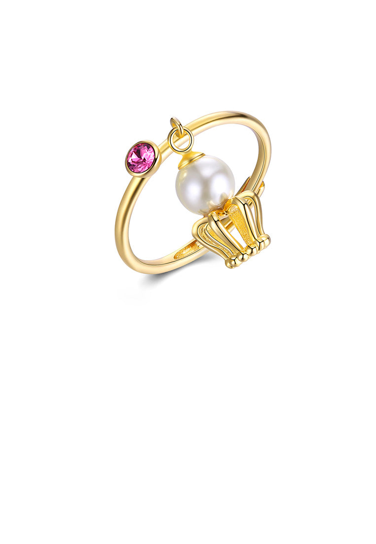 925 Sterling Silver Fashion Plated Gold Crown Pearl Adjustable Ring with Purple Austrian Element Crystal - Luxurious Look