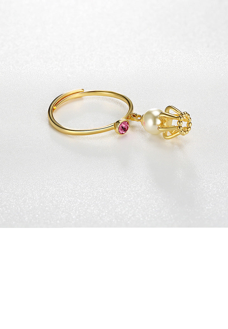925 Sterling Silver Fashion Plated Gold Crown Pearl Adjustable Ring with Purple Austrian Element Crystal - Luxurious Look