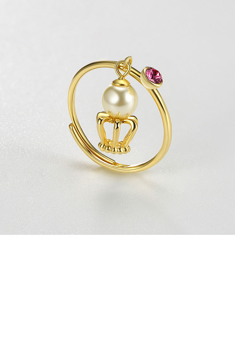 925 Sterling Silver Fashion Plated Gold Crown Pearl Adjustable Ring with Purple Austrian Element Crystal - Luxurious Look