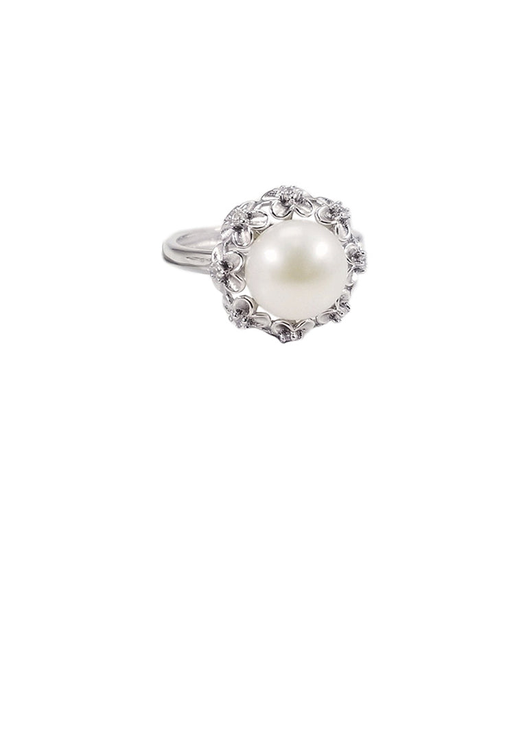925 Sterling Silver Fashion Elegant Flower White Freshwater Pearl Adjustable Ring - Luxurious Look
