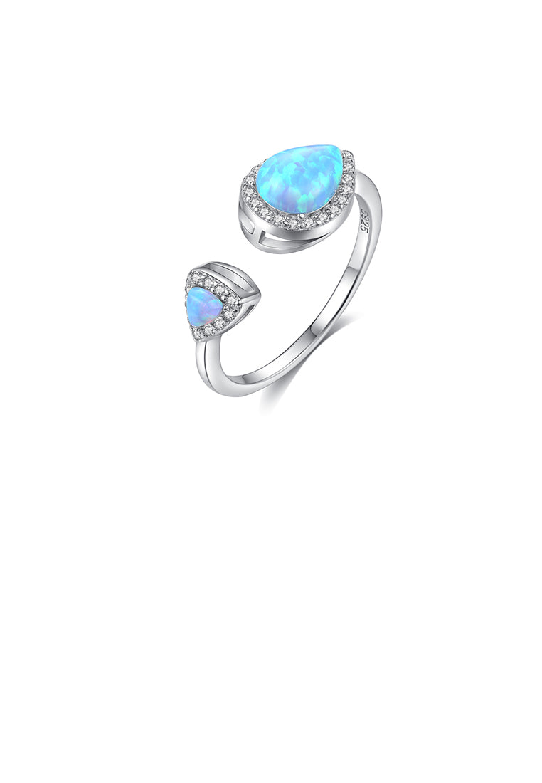 925 Sterling Silver Fashion Simple Water Drop-shaped Blue Imitation Opal Adjustable Open Ring with Cubic Zirconia - Luxurious Look