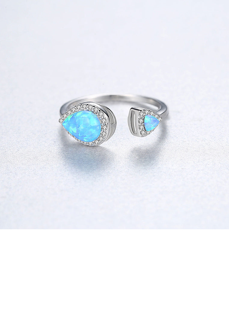 925 Sterling Silver Fashion Simple Water Drop-shaped Blue Imitation Opal Adjustable Open Ring with Cubic Zirconia - Luxurious Look