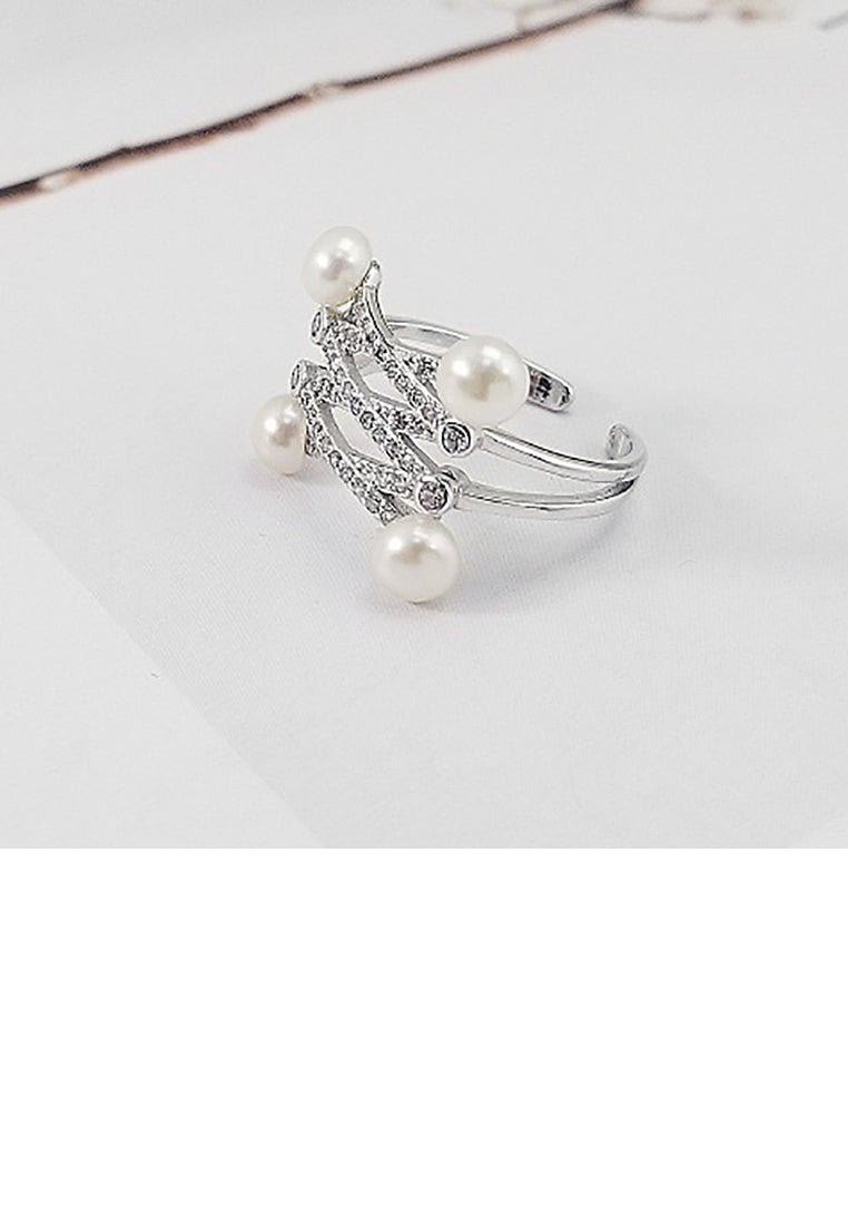 925 Sterling Silver Fashion Creative Geometric White Freshwater Pearl Adjustable Open Ring with Cubic Zirconia - Luxurious Look