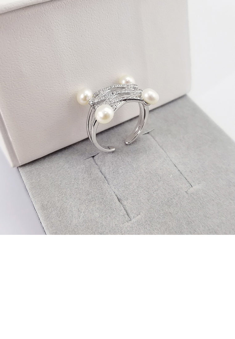 925 Sterling Silver Fashion Creative Geometric White Freshwater Pearl Adjustable Open Ring with Cubic Zirconia - Luxurious Look