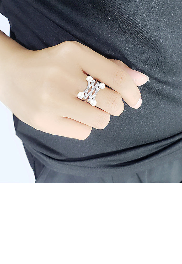 925 Sterling Silver Fashion Creative Geometric White Freshwater Pearl Adjustable Open Ring with Cubic Zirconia - Luxurious Look