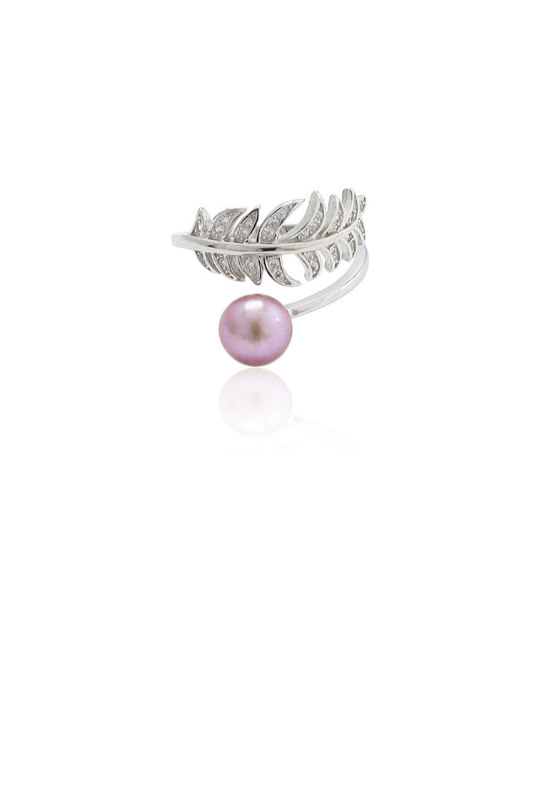 925 Sterling Silver Fashion Simple Leaf Purple Freshwater Pearl Adjustable Ring with Cubic Zirconia - Luxurious Look
