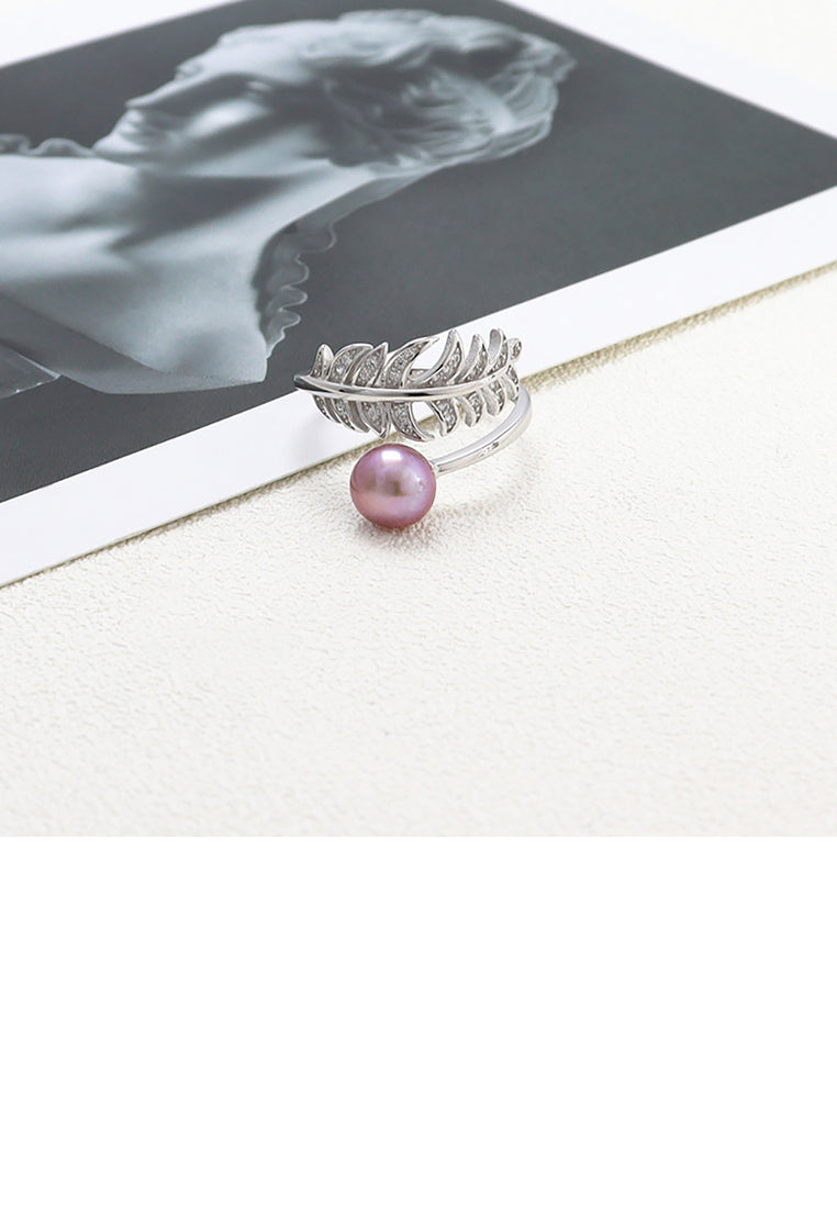 925 Sterling Silver Fashion Simple Leaf Purple Freshwater Pearl Adjustable Ring with Cubic Zirconia - Luxurious Look