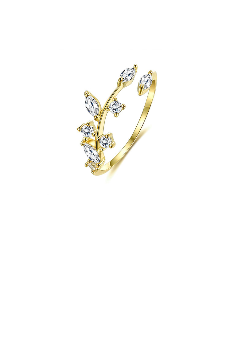 925 Sterling Silver Plated Gold Simple Fashion Leaf Cubic Zirconia Adjustable Open Ring - Luxurious Look