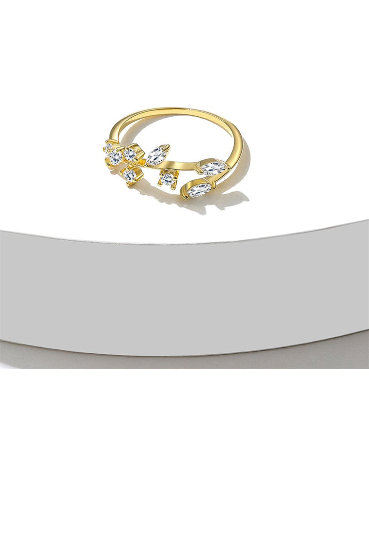 925 Sterling Silver Plated Gold Simple Fashion Leaf Cubic Zirconia Adjustable Open Ring - Luxurious Look