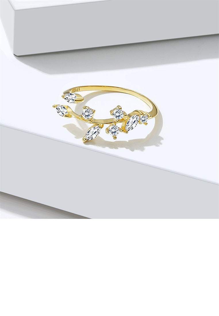 925 Sterling Silver Plated Gold Simple Fashion Leaf Cubic Zirconia Adjustable Open Ring - Luxurious Look