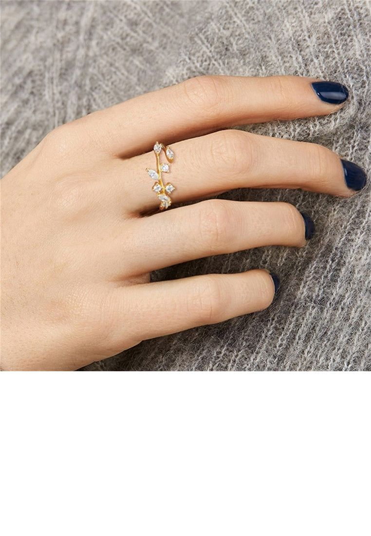 925 Sterling Silver Plated Gold Simple Fashion Leaf Cubic Zirconia Adjustable Open Ring - Luxurious Look