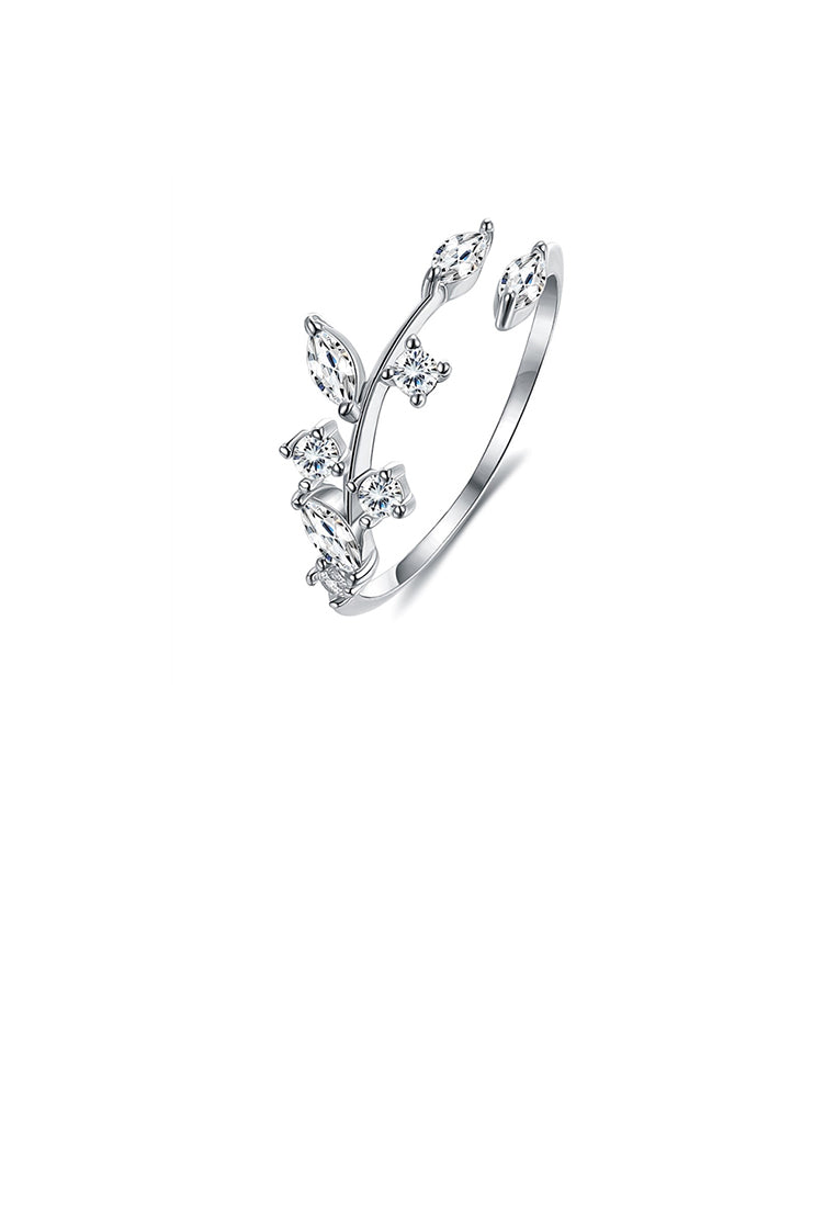 925 Sterling Silver Simple Fashion Leaf Cubic Zirconia Adjustable Opening Ring - Luxurious Look