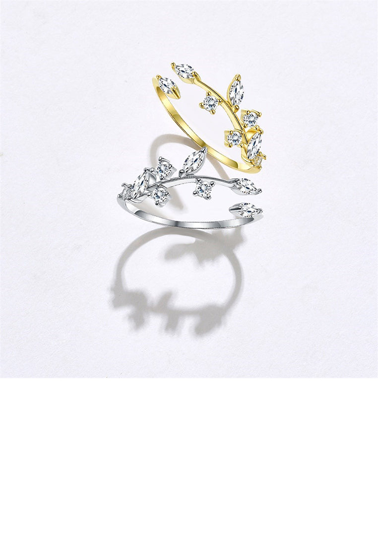 925 Sterling Silver Simple Fashion Leaf Cubic Zirconia Adjustable Opening Ring - Luxurious Look